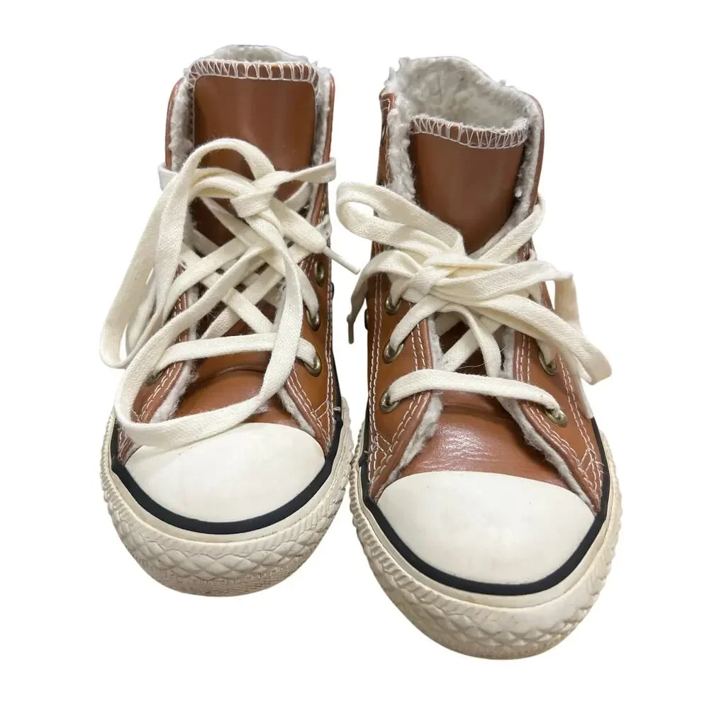 Converse Chuck Taylor All Stars Brown Leather Faux fur Lined Hi tops kids Sz 11